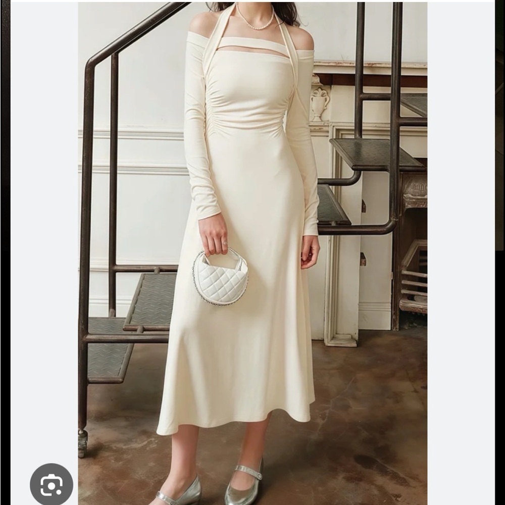 Tyang Studio Elegant Off-Shoulder Cream Long Sleeve Dress Medium New